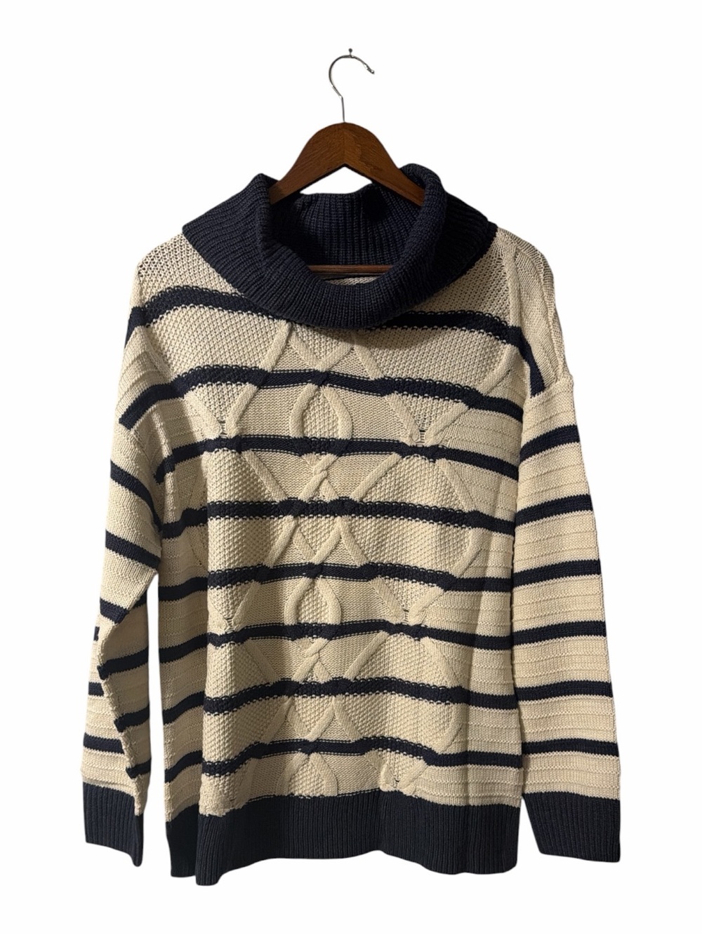 Coastal Preppy Nautical Chaps Cable Knit Striped Cowl Neck Sweater L NWT